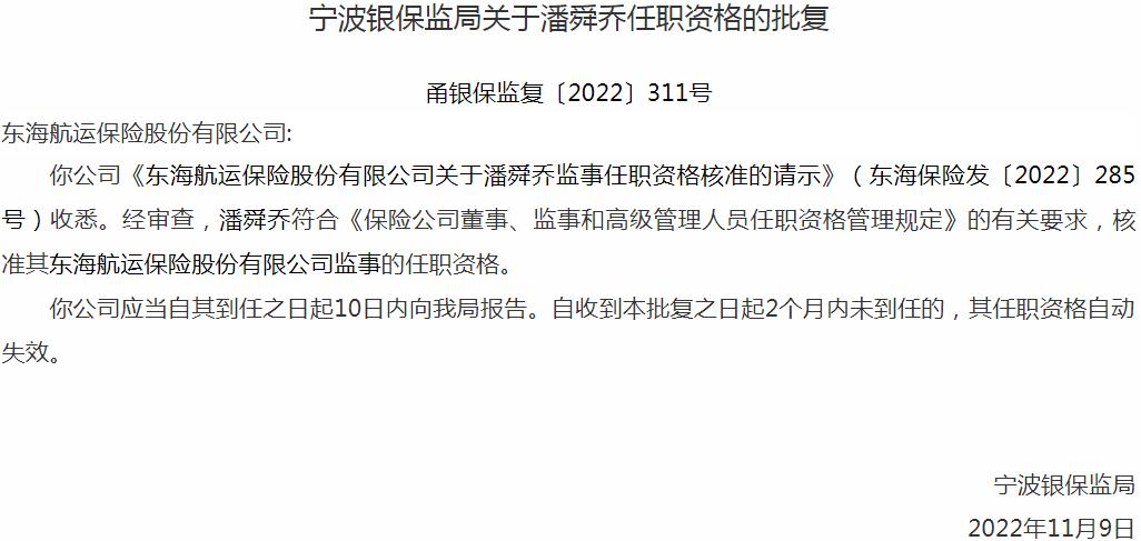 银保监会宁波监管局：潘舜乔东海航运保险股份有限公司监事的任职资格获批