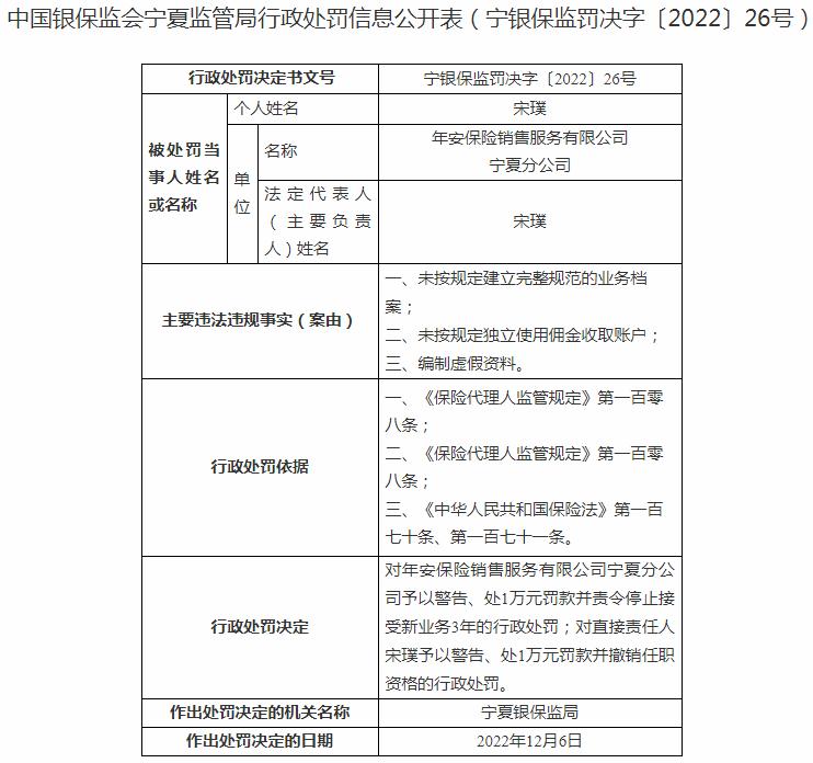 年安保险销售服务宁夏分公司被罚1万元 涉及编制虚假资料