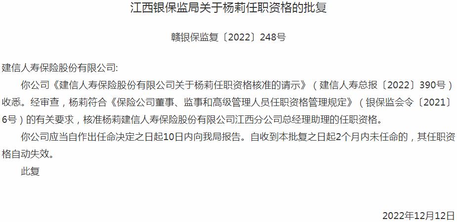 银保监会江西监管局核准杨莉正式出任建信人寿保险江西分公司总经理助理