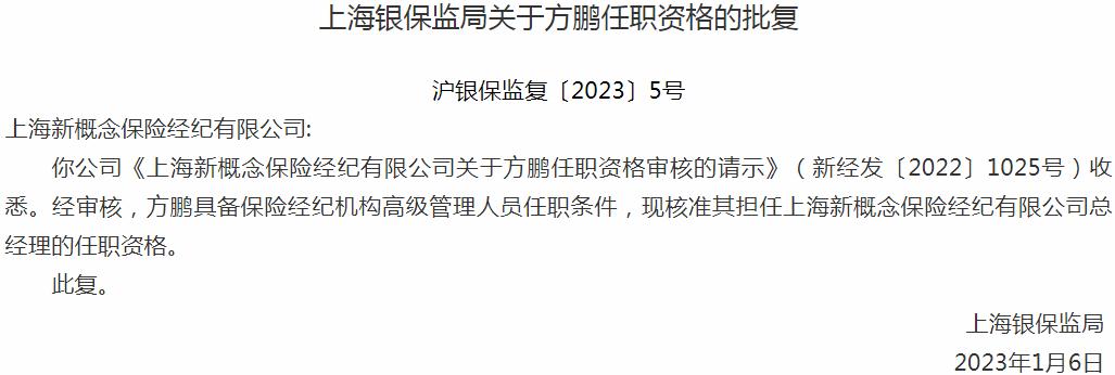 银保监会上海监管局核准方鹏上海新概念保险经纪总经理的任职资格