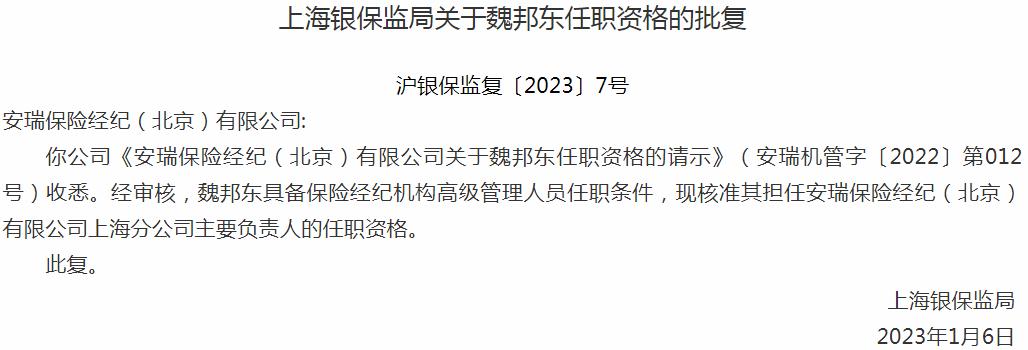 魏邦东安瑞保险经纪上海分公司主要负责人的任职资格获银保监会核准