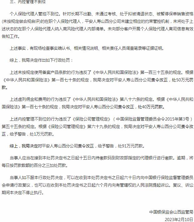 中国平安人寿保险山西分公司因虚列佣金和费用等原因 被罚款40万元