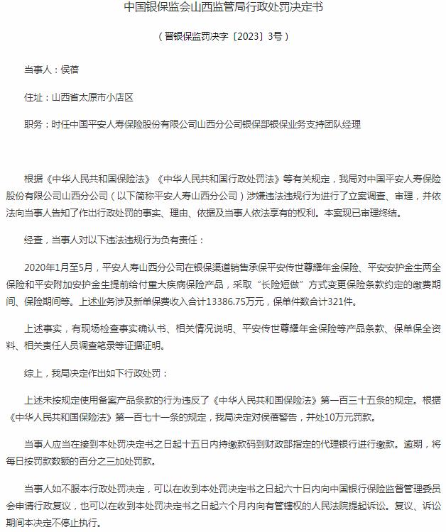 中国平安人寿保险山西分公司侯蓓被罚10万元 涉及未按规定使用备案产品条款