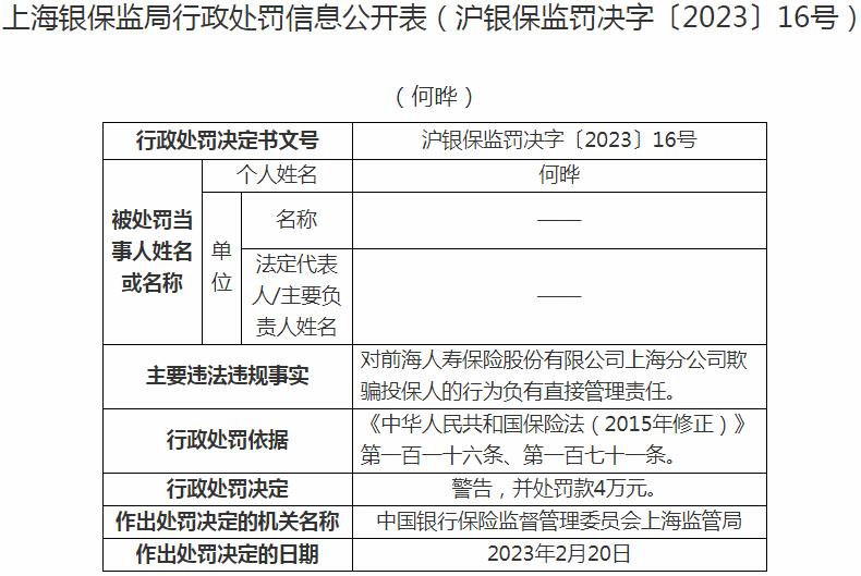 前海人寿保险上海分公司何晔被罚4万元 涉及欺骗投保人