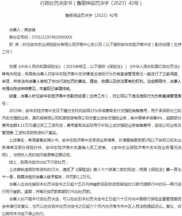 安华农险济南中支高安峰被罚1.2万元 涉及业务及管理费-工资科目财务资料不真实