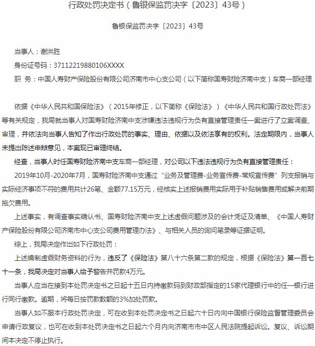 国寿财险济南中支谢洪胜因列支报销与实际经济事项不符 被罚款4万元