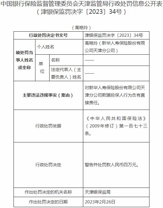 新华人寿保险天津分公司高艳玲因对欺骗投保人负有责任 被罚款4万元