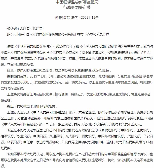 中国人寿财产保险乌鲁木齐中心支公司徐红星被罚5万元 涉及编制虚假资料