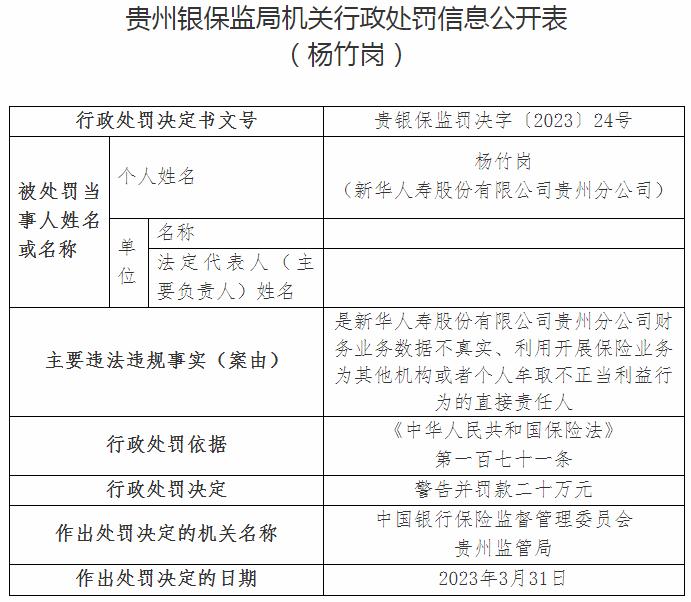 银保监会贵州监管局开罚单 新华人寿贵州分公司杨竹岗被罚20万元