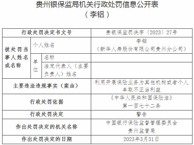 银保监会贵州监管局开罚单 新华人寿贵州分公司李铝被警告