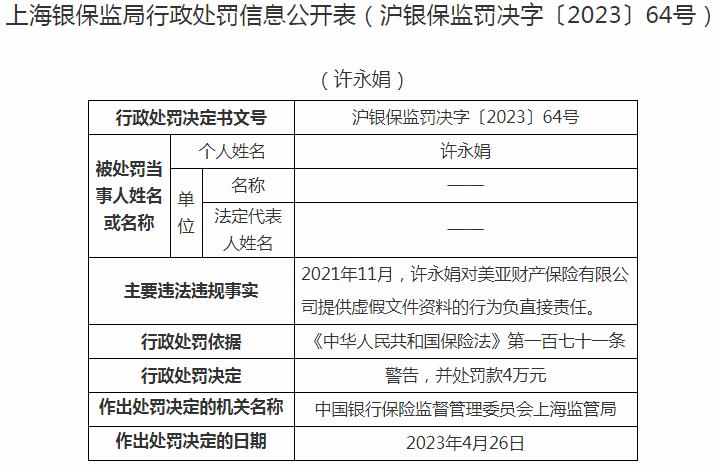 美亚财产保险有限公司许永娟被罚4万元 涉及提供虚假文件资料