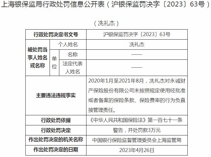 银保监会上海监管局开罚单 美亚财产保险有限公司冼礼杰被罚1万元