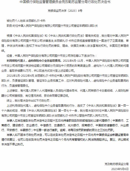 中国人民财产保险阿图什市支公司古丽娜扎尔·卡热被罚2万元 涉及虚构保险中介业务套取费用