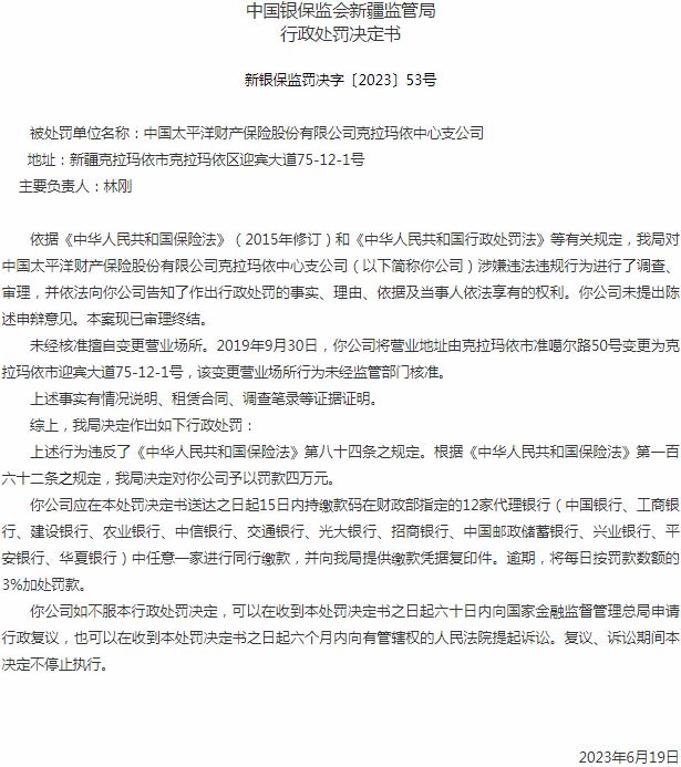 中国太平洋财产保险克拉玛依中心支公司被罚4万元 涉及未经核准擅自变更营业场所