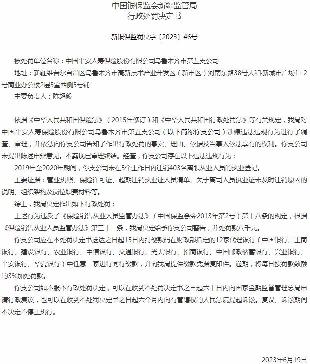 中国平安人寿保险乌鲁木齐市第五支公司因未及时注销离职从业人员的执业登记 被罚款8000元