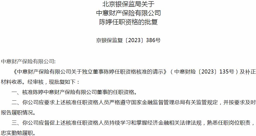 银保监会北京监管局核准陈婷中意财产保险有限公司董事的任职资格