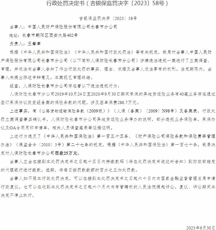 中国人民财产保险长春市分公司因通过签订承保协议改变经备案的保险条款 被罚款25万元