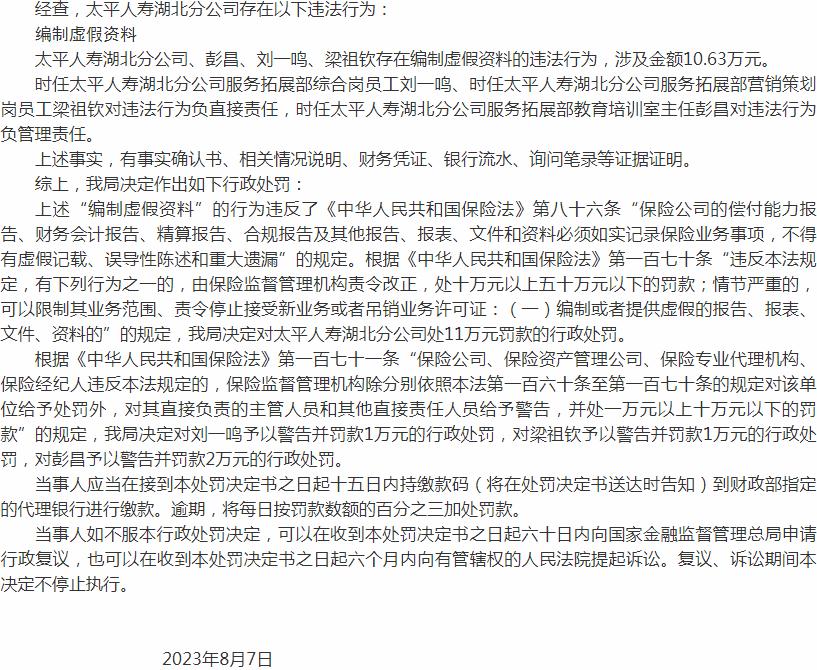 银保监会湖北监管局开罚单 太平人寿保险有限公司湖北分公司被罚款11万元