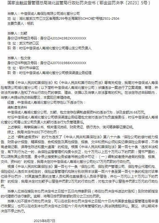 中信保诚人寿保险有限公司湖北省分公司被罚17万元 涉及编制虚假资料