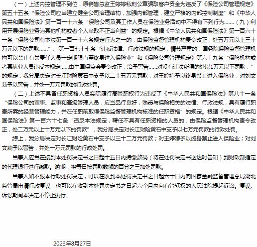 银保监会湖北监管局开罚单 长江财产保险黄石中心支公司被罚款32万元