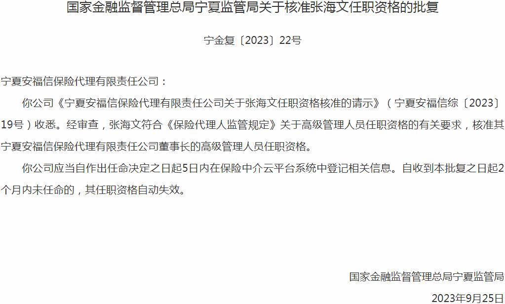 张海文宁夏安福信保险代理董事长的任职资格获国家金融监督管理总局核准