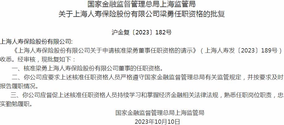 国家金融监督管理总局上海监管局：梁勇上海人寿保险董事的任职资格获批