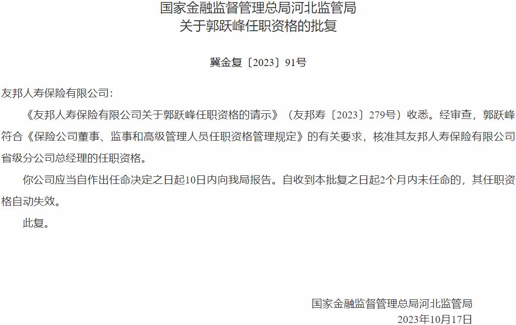 郭跃峰友邦人寿保险省级分公司总经理的任职资格获国家金融监督管理总局核准