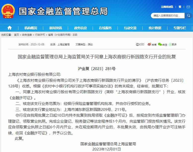 上海监管局批复上海农商银行新园路支行开业请示
