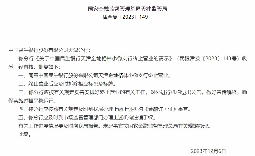 天津监管局同意民生银行天津金地格林小微支行终止营业