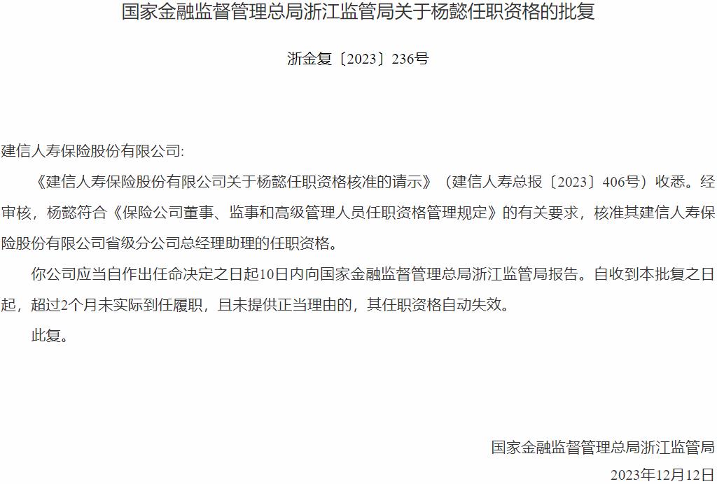 杨懿建信人寿保险省级分公司总经理助理的任职资格获国家金融监督管理总局核准