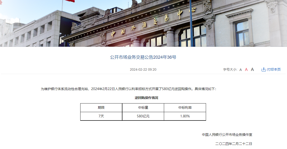 中国人民银行开展580亿元7天期逆回购操作
