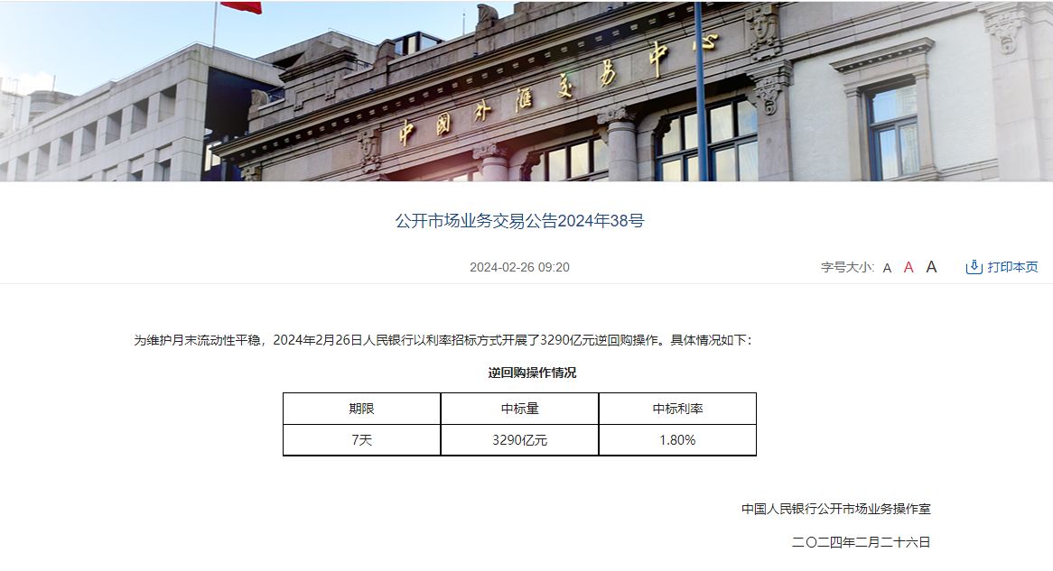 中国人民银行开展3290亿元7天期逆回购操作