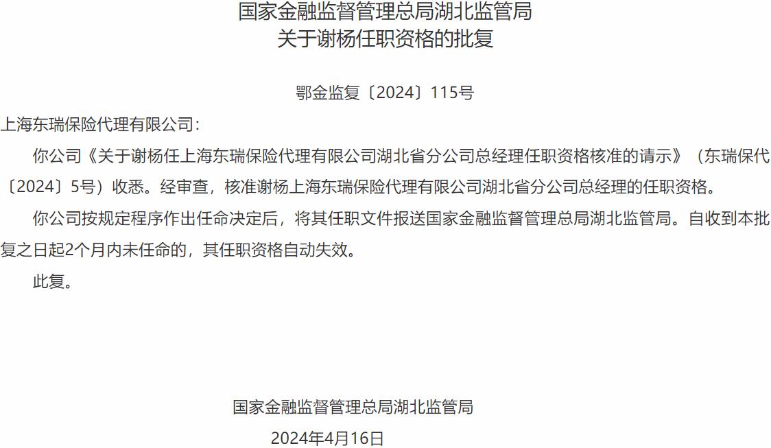 国家金融监督管理总局湖北监管局核准谢杨上海东瑞保险代理湖北省分公司总经理的任职资格