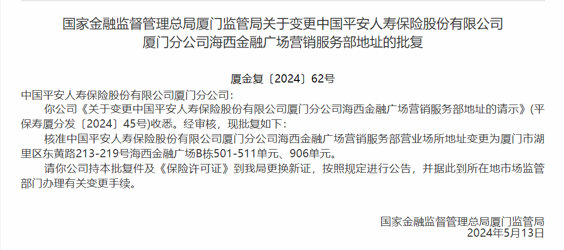 银保监会同意中国平安人寿厦门分公司变更海西金融广场营销服务部地址