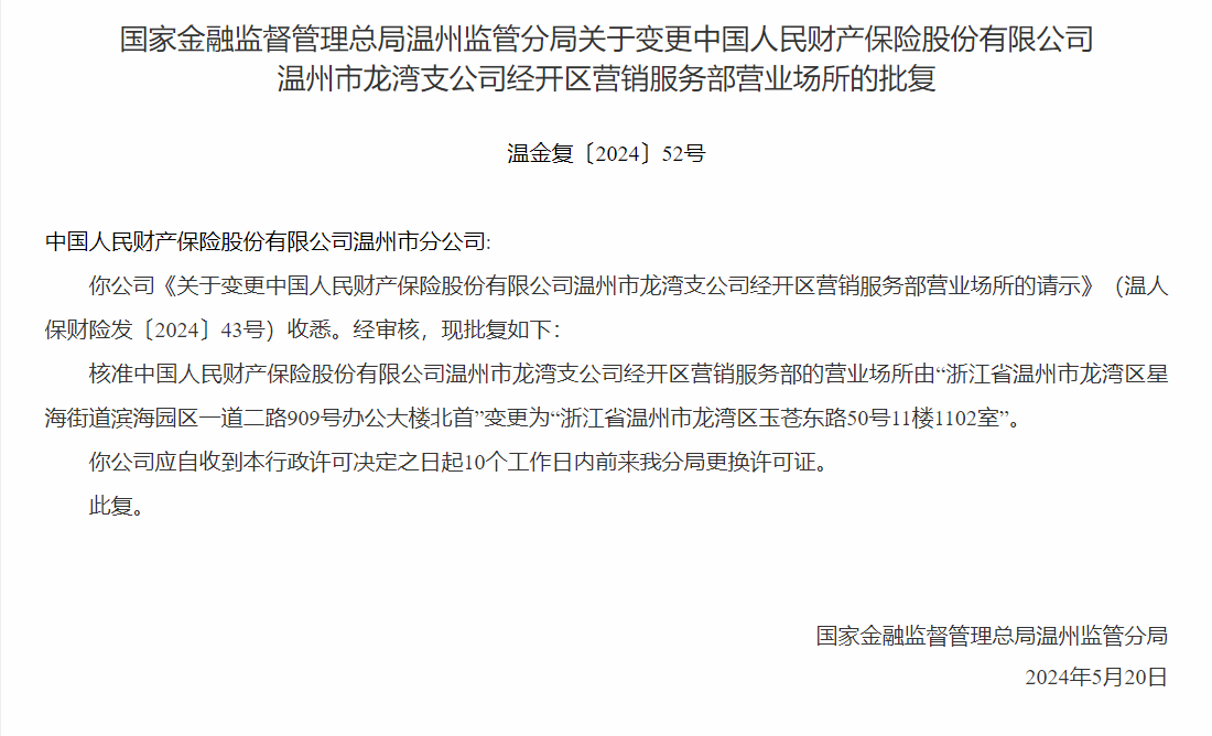 银保监会同意中国人保温州市龙湾支公司变更营业场所
