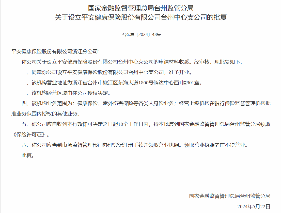银保监会同意平安健康险设立台州中心支公司