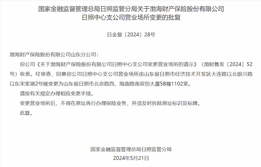 银保监会同意渤海财险日照中心支公司变更营业场所