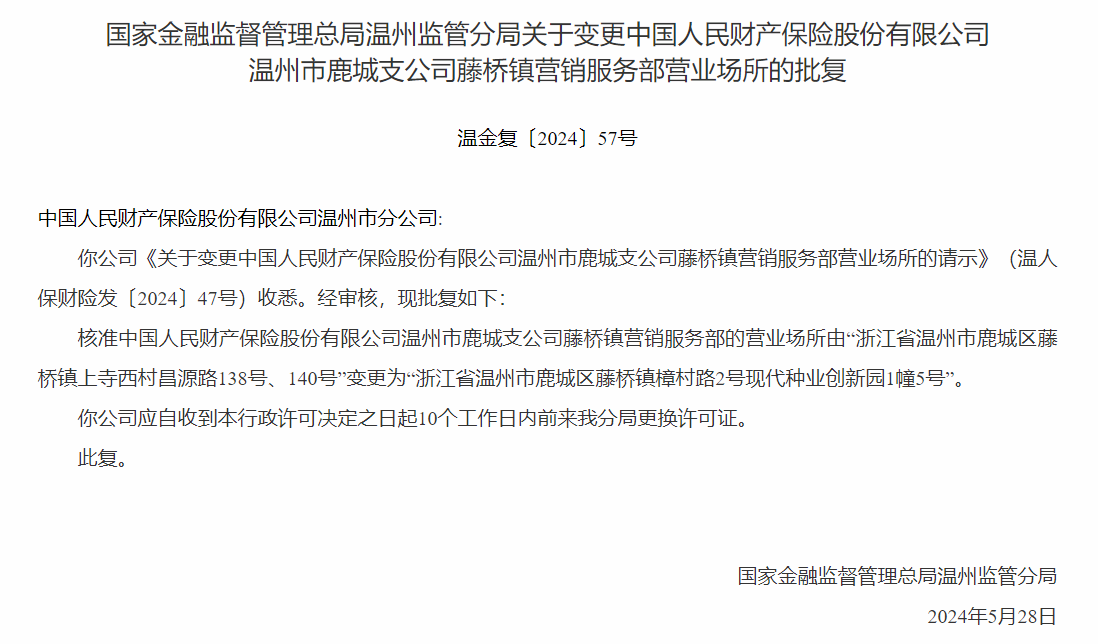 银保监会同意中国人保财险温州市分公司变更营业场所
