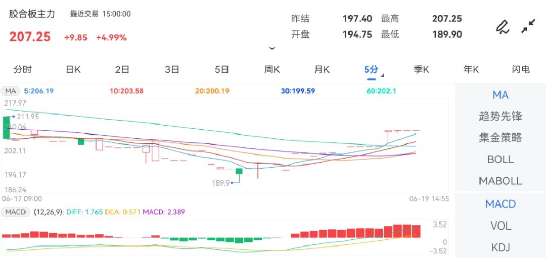 6月19日期货软件走势图综述：胶合板期货主力上涨4.99%