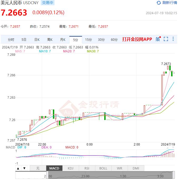 7月19日人民币对美元中间价报7.1315 较前一交易日下跌30个基点