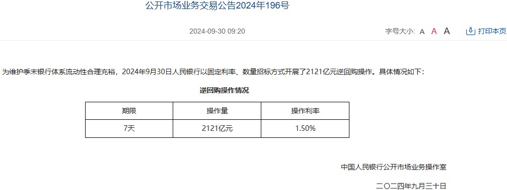 中国人民银行今日开展2121亿元7天期逆回购操作