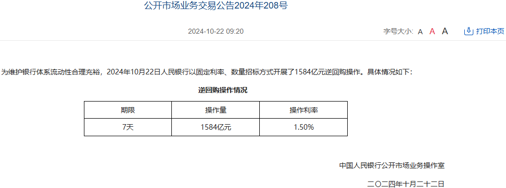 中国人民银行今日开展1584亿元7天期逆回购操作