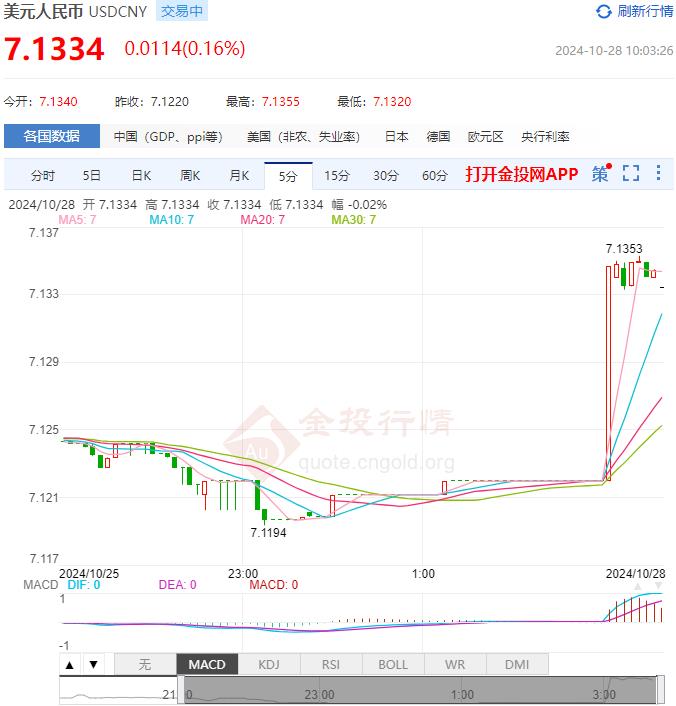 10月28日人民币对美元中间价报7.1307 较前一交易日下调217个基点