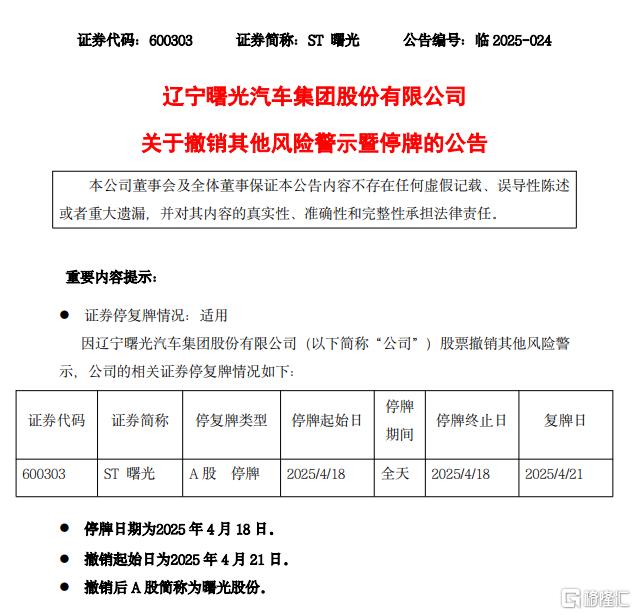 经营状况稳步向好!ST曙光撤销风险警示,4月21日摘帽复牌