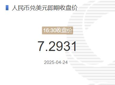 4月24日人民币兑美元即期收盘价报7.2931 较上一交易日上调24个基点