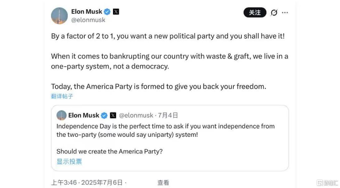 挑战驴象两党轮流坐庄？马斯克“揭竿起义”，美国党明年参选！