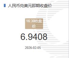 2月5人民币兑美元即期收盘价报6.9408较上一交易日下跌32个基点