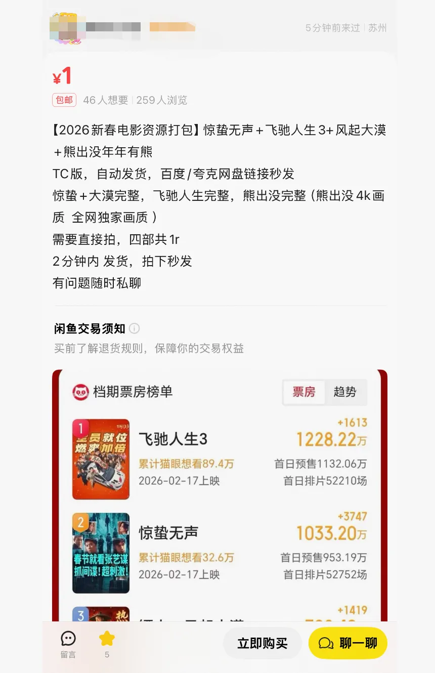 春节档票《飞驰人生3》等新片遭盗摄，枪版资源1元打包出售