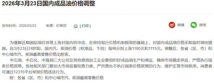 国内成品油价格采取临时调控