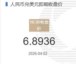 4月2日人民币兑美元即期收盘价报6.8936较上一交易日下跌196个基点